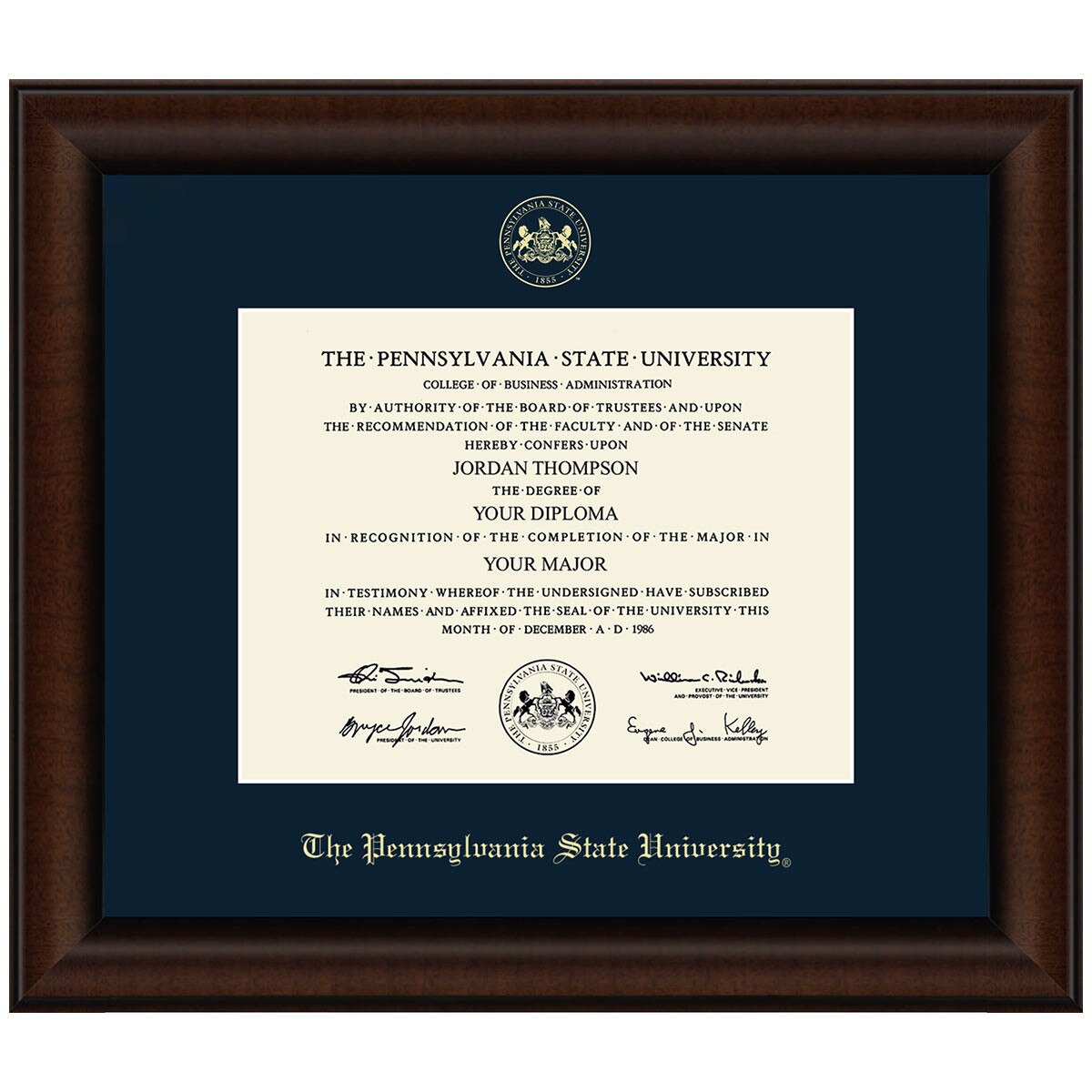 Diploma Frame Lenox, Walnut Finish, Gold Embossed Seal The Pennsylvania State University, Navy Mat